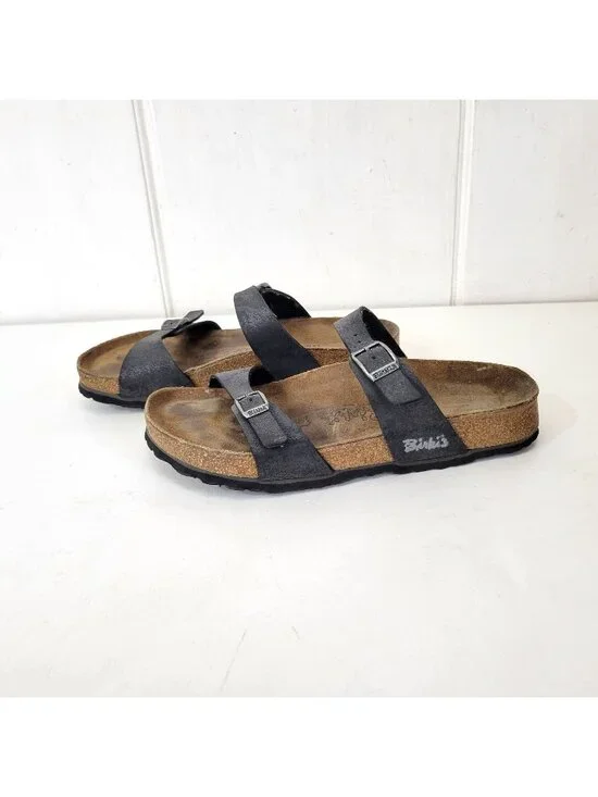 Birkis Birkenstock Women's Black Double-Strap Sandals With Contoured Cork Footbe - Picture 1 of 8